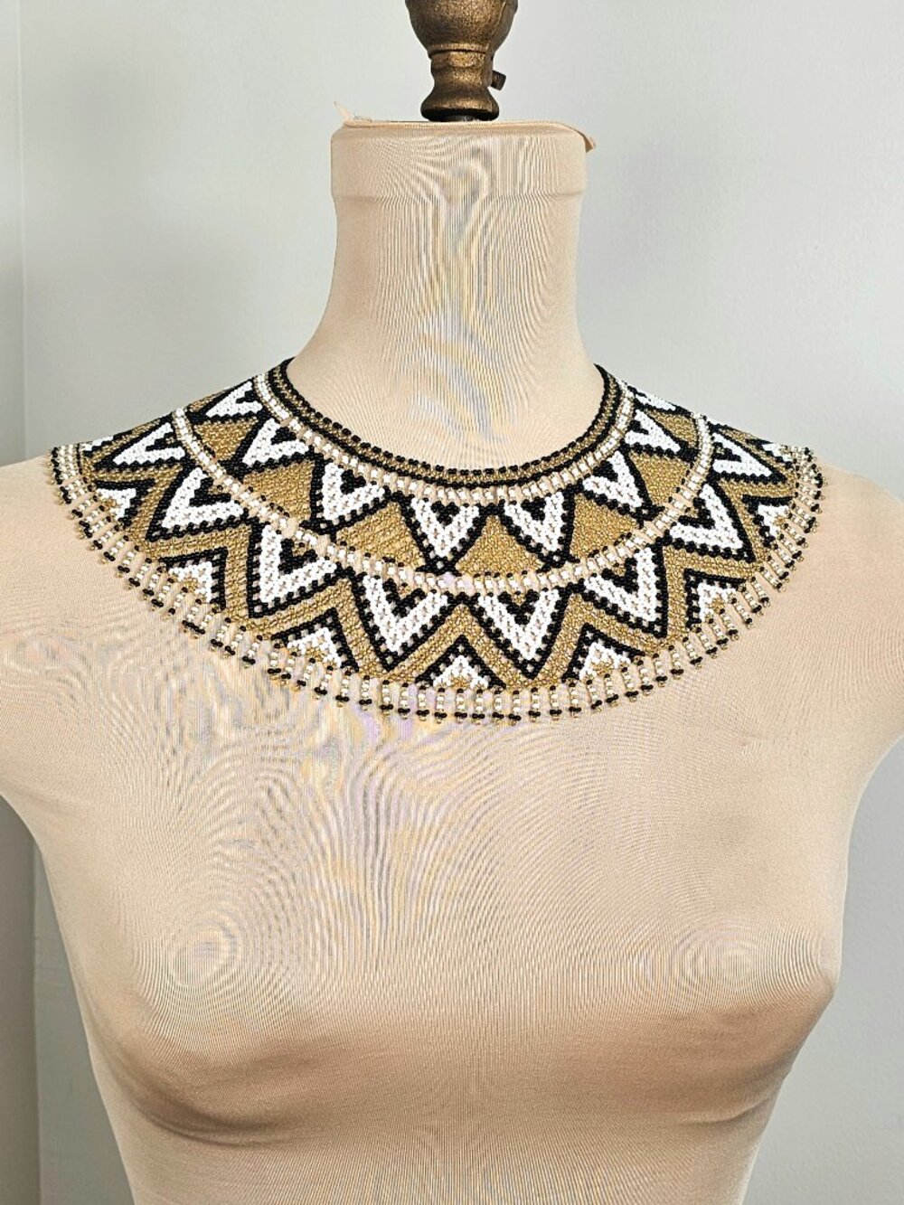 Handmade Beaded Geometric Collar Necklace Black White Gold Statement Bib NWOT